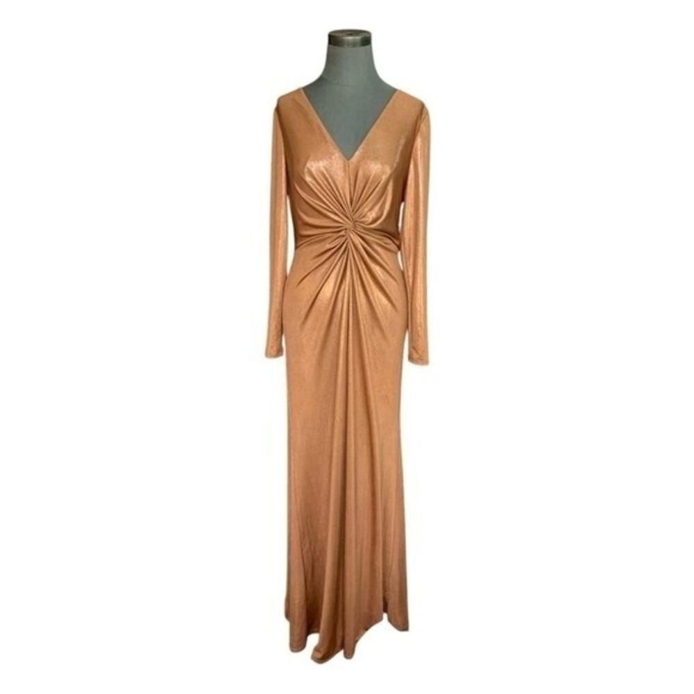 Lauren Ralph Lauren Gold Metallic Jersey Gown Twist Waist Maxi Dress Size 10 NWT - Picture 5 of 10